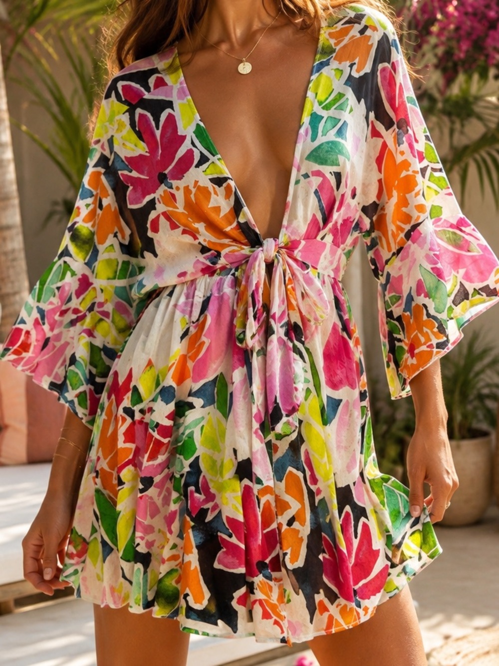 Cynthia Rowley Linen Blend Floral Tie Front Beach Cover Up Kimono L